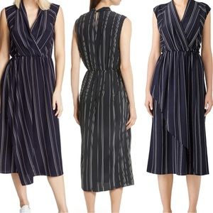 Vince Draped Front Stripe Midi Dress in Coastal Navy Blue Size 2